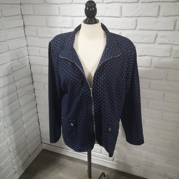 Tradition Ladies Size Large Full Zip Terry Lined Navy & White Polka Dot Blazer - Picture 6 of 11